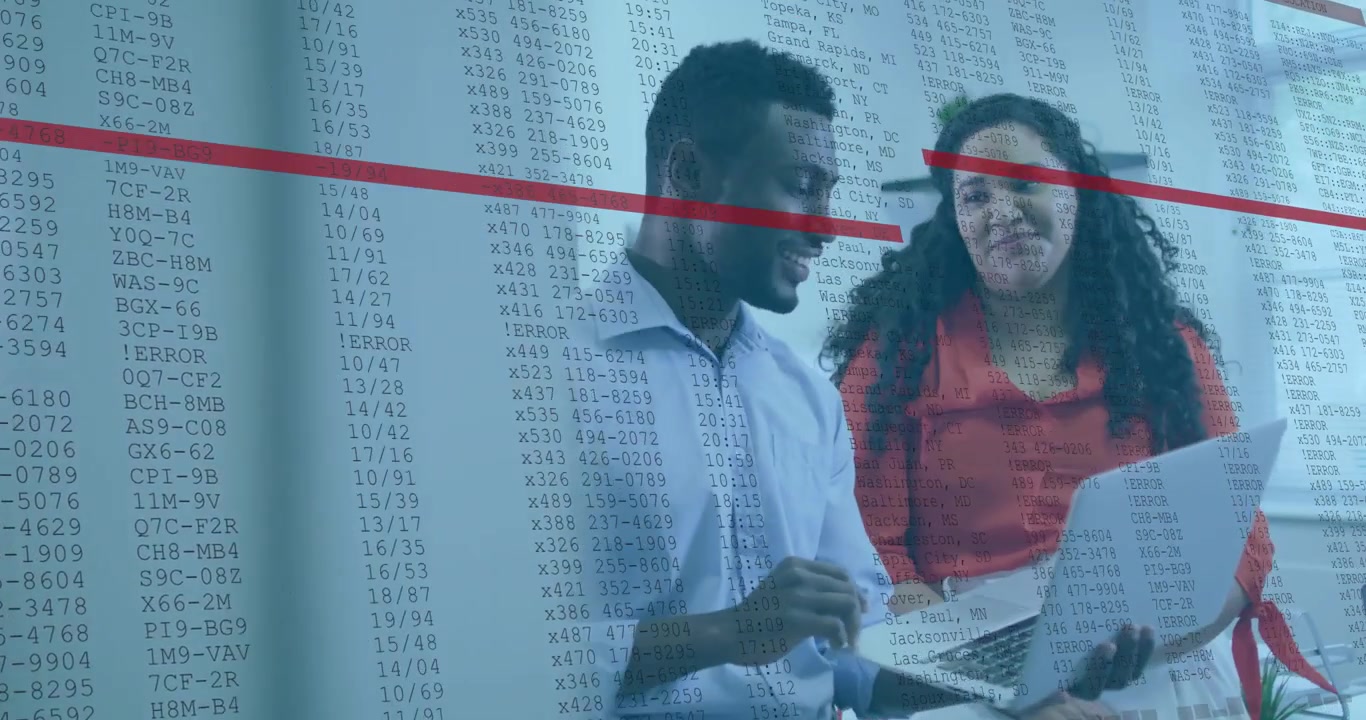 Vertical video: Team at laptop, woman pointing, numbers filling with red bars, analyzing business