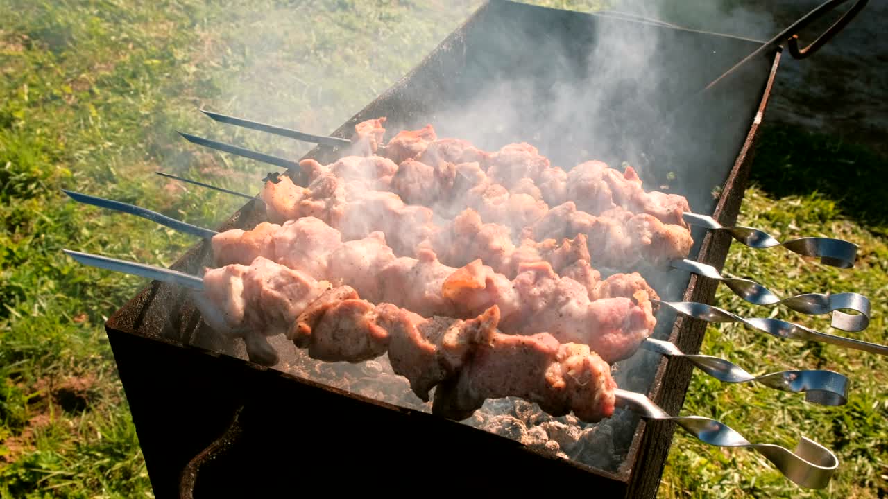 맛있는 고기 바베큐는 나무 석탄 그릴 위에 개에 여 있습니다. 가까운 고기 조각.