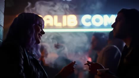 an intimate conversation amidst the hazy glow of neon lights in a vibrant social setting, featuring two figures engaged in a smoke break with a lively background