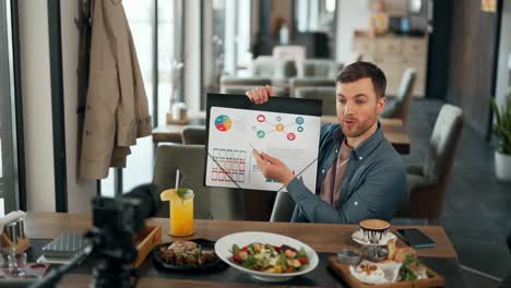 Stylish-young-man-giving-an-infographic-presentation-while-sitting-in-a-restaurant-with-dishes-on-the-table