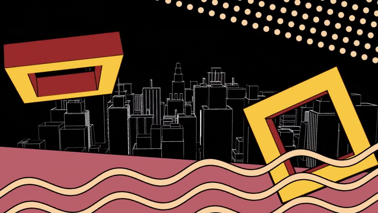 검은 바탕에 3d 도시 그림 위에 추상적인 모양의 애니메이션