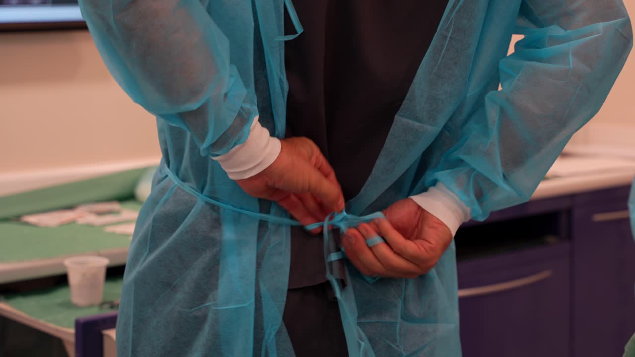 Dentist tying blue PPE suit behind his back and assistant shows up to help him. Medium shot, slowmo