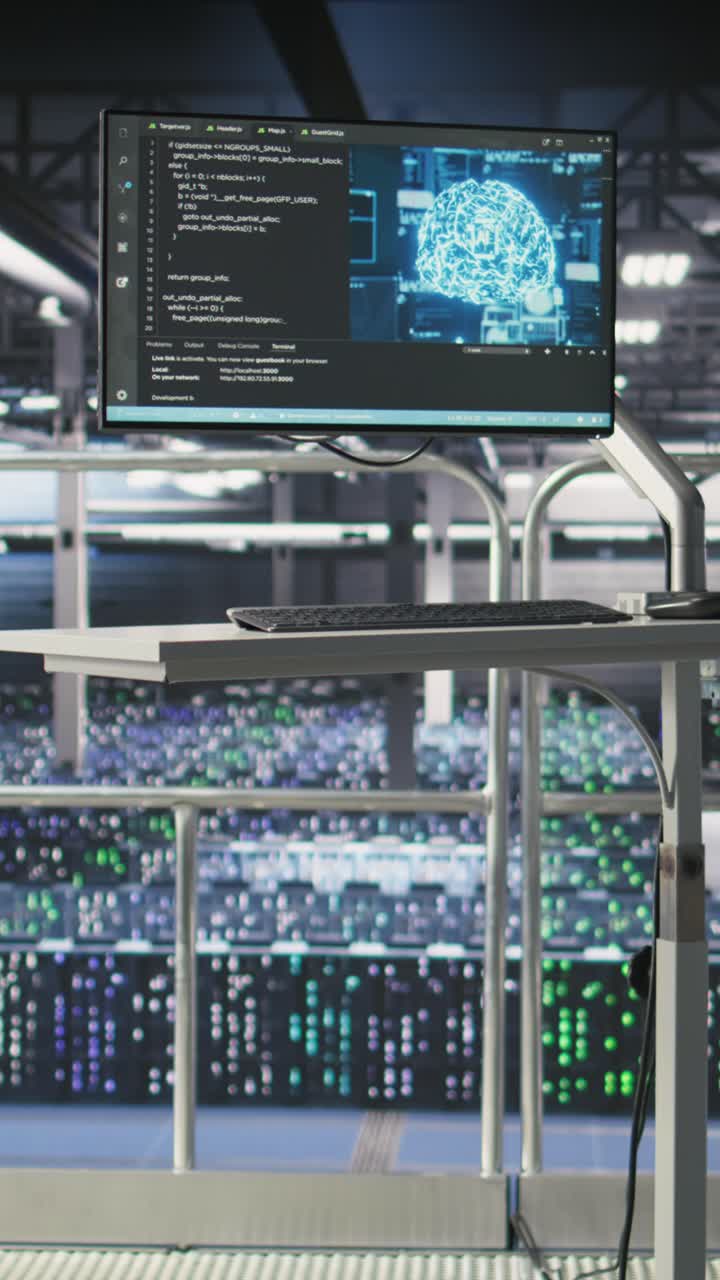 Vertical video Industrial platform workstation in automated data center doing machine learning