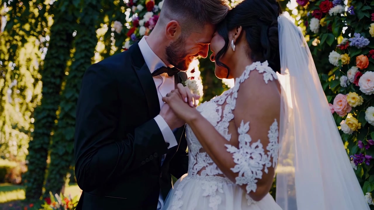 Pareja de recién casados feliz riendo juntos bajo un arco de boda floral