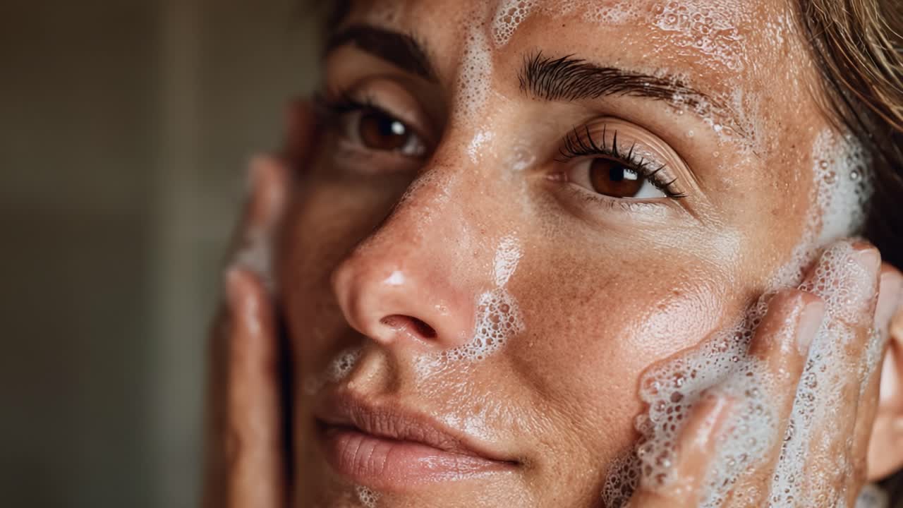 A Close-up Look at a Woman Enjoying a Soap Facial, Capturing the Relaxation and Care in Her Skincare Routine with Rich Foamy Lather on Her Skin