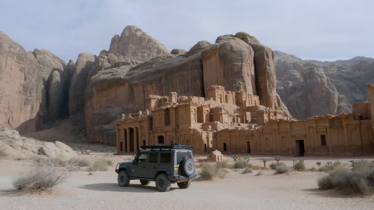 Kumtaşı harabelerinin yakınında çölde bir Jeep, antik kaya oyma anıta yaklaşan keşif aracı, sinematik geniş çekim.