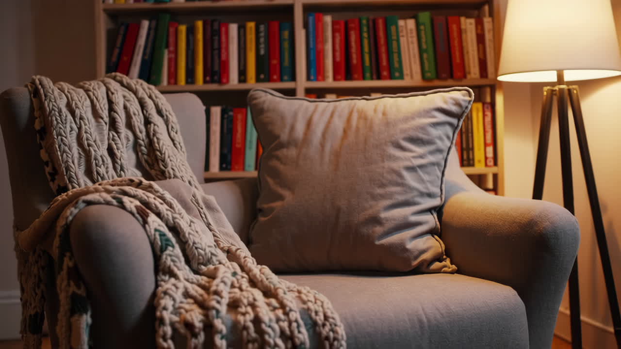 Accogliente angolo di lettura con scaffale e lampada