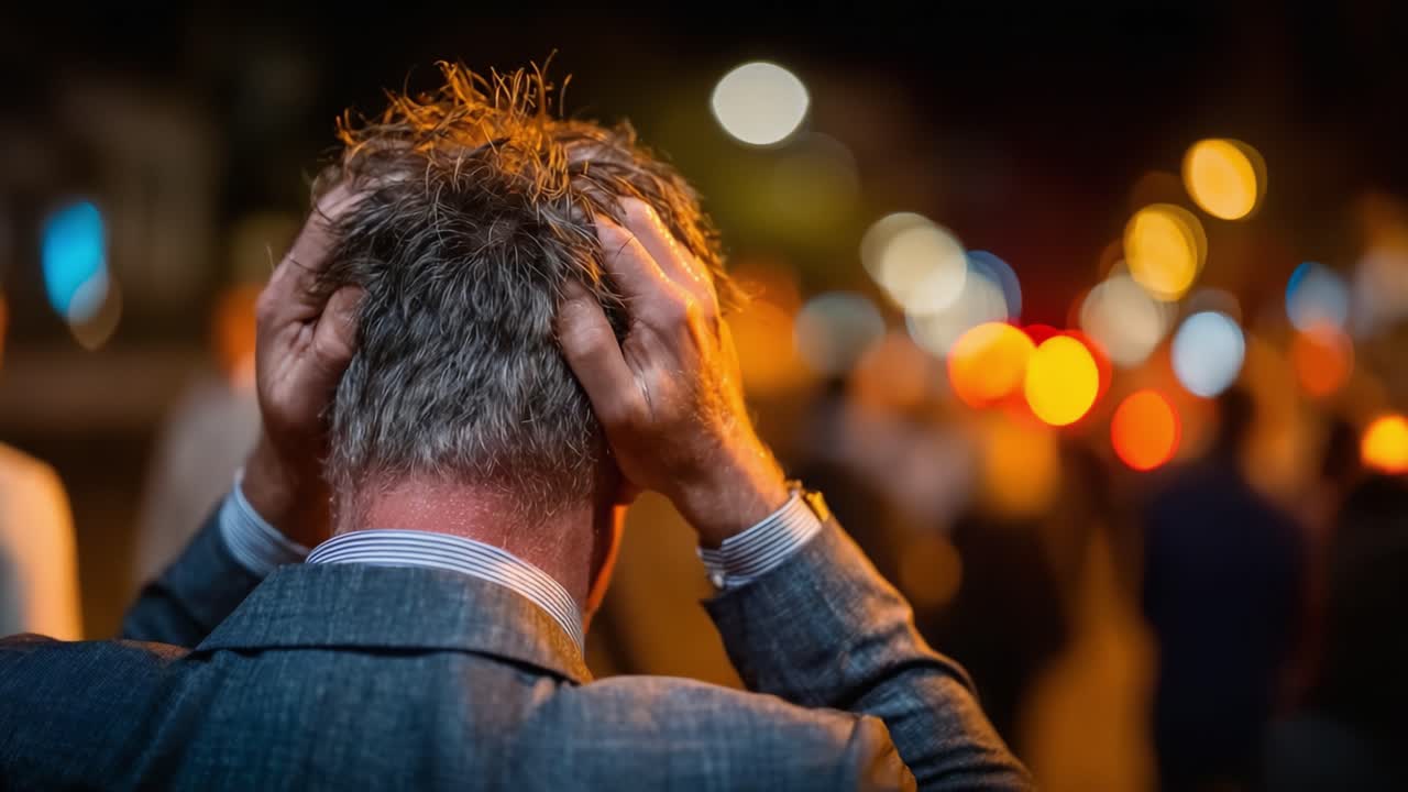 Un uomo in angoscia di notte: cattura di un momento emotivo tra uno sfondo colorato di luci cittadine e figure sfocate.