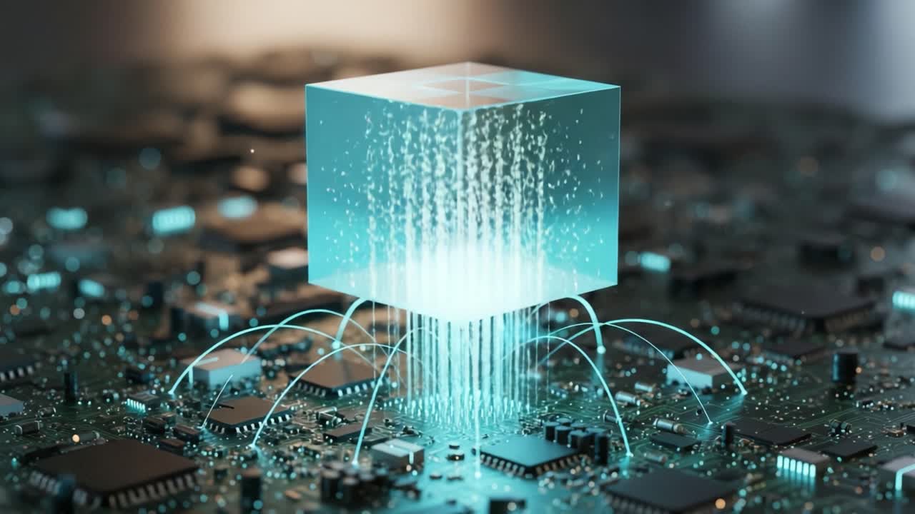 A Glowing Transparent Cube Emerges from a Circuit Board, Radiating Streams of Light and Energy, Showcasing the Intersection of Technology and Innovation