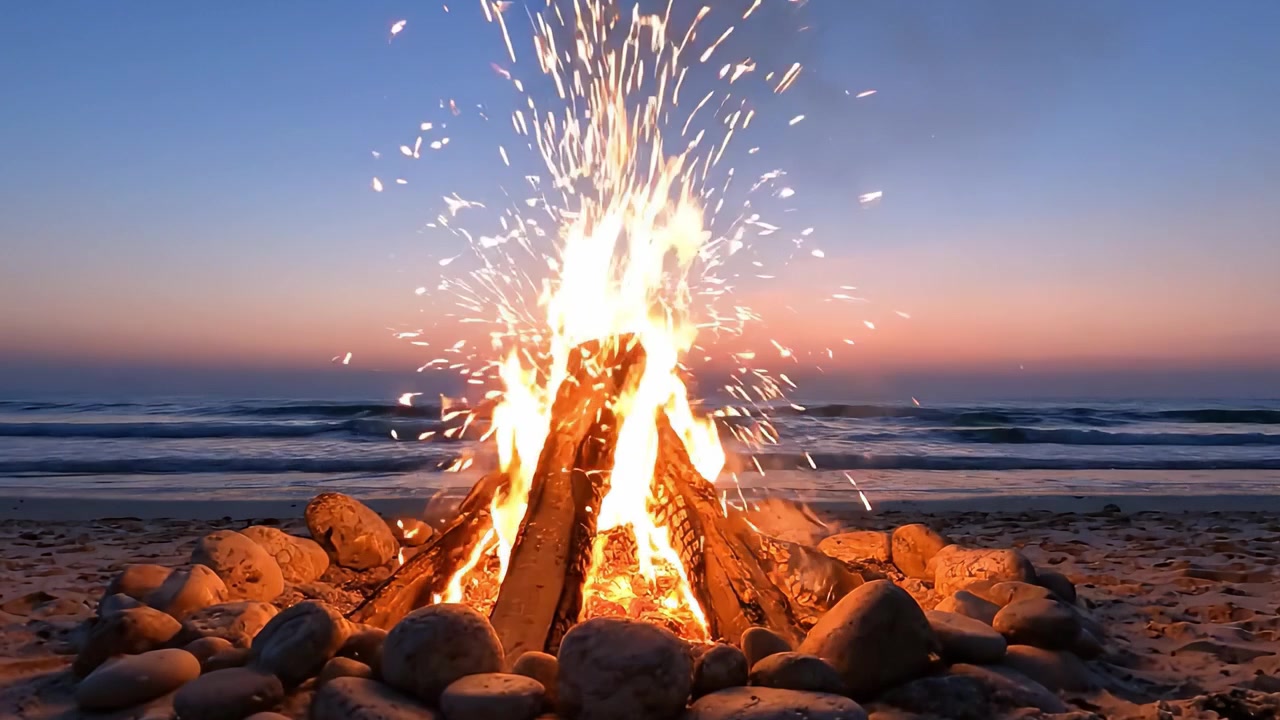 Una scena serena di falò in spiaggia al tramonto, che emette luce calda e circondato da pietre lisce con un grazioso orizzonte oceanico sotto un cielo colorato.