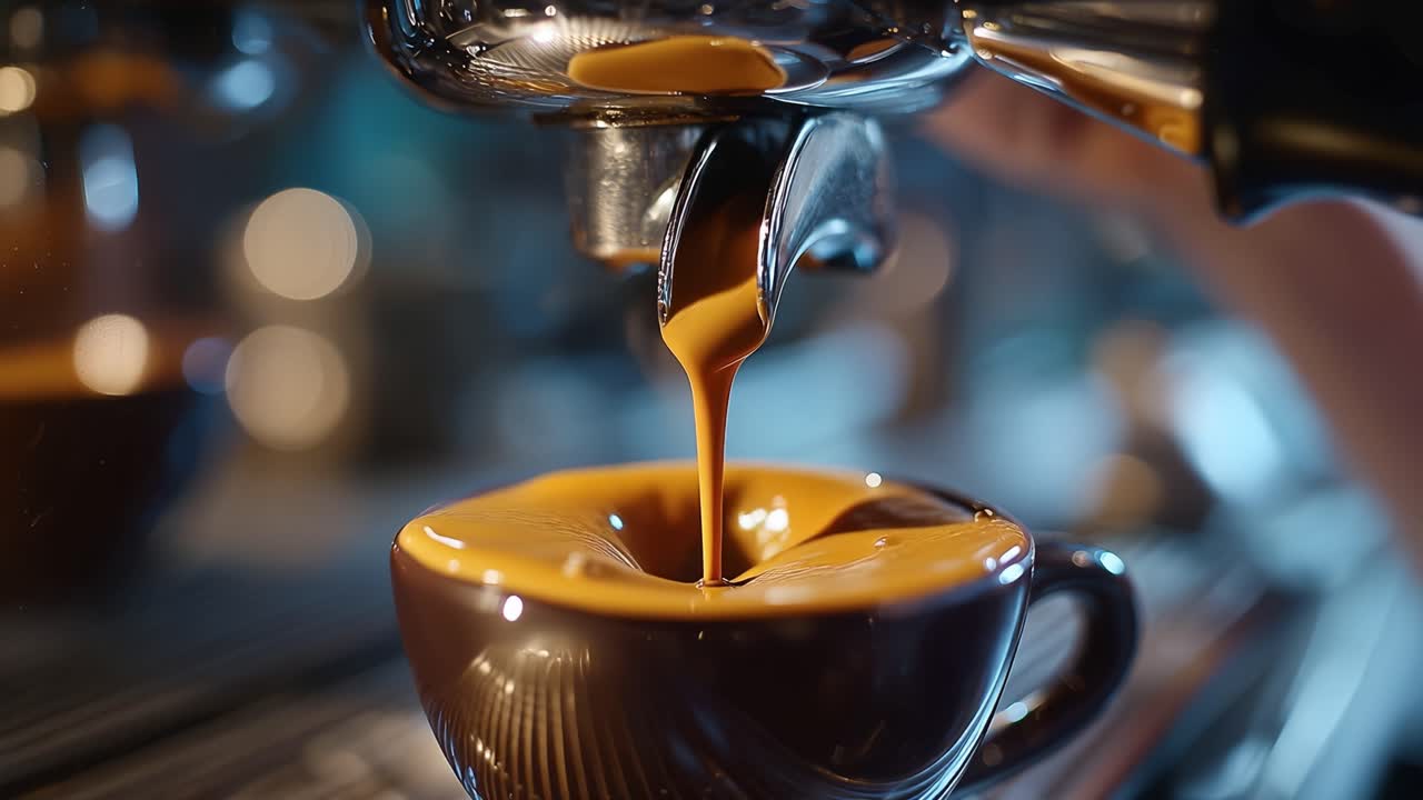 Varm espresso hældes ned i en mørk keramikkop. Glimtende væske flyder langsomt fra en poleret maskintud. Rig aroma hænger i luften, indbydende og trøstende. Bløde bokeh-lys slører baggrunden