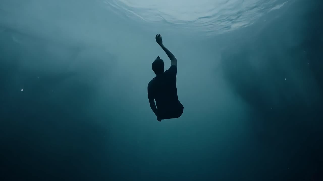 el hombre lucha bajo el agua, alcanzando desesperadamente la superficie mientras se enfrenta a la aterradora realidad de ahogarse.