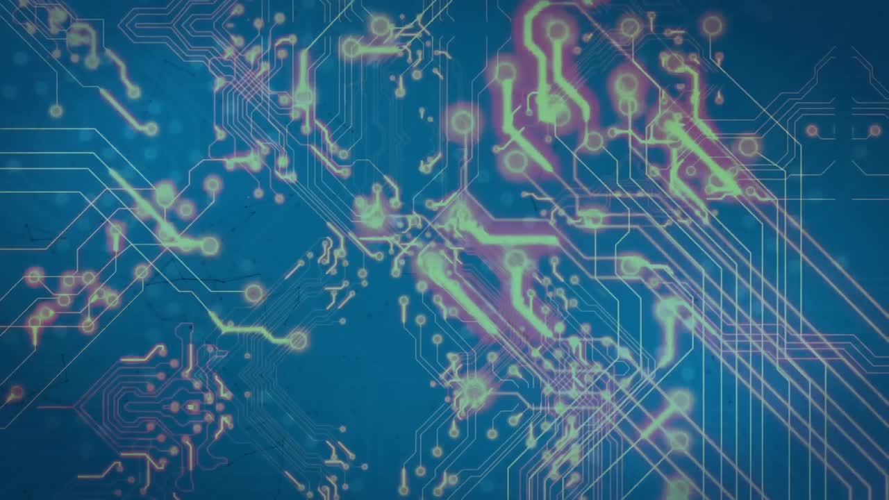 Animation of lines moving in circuit board pattern against blue background