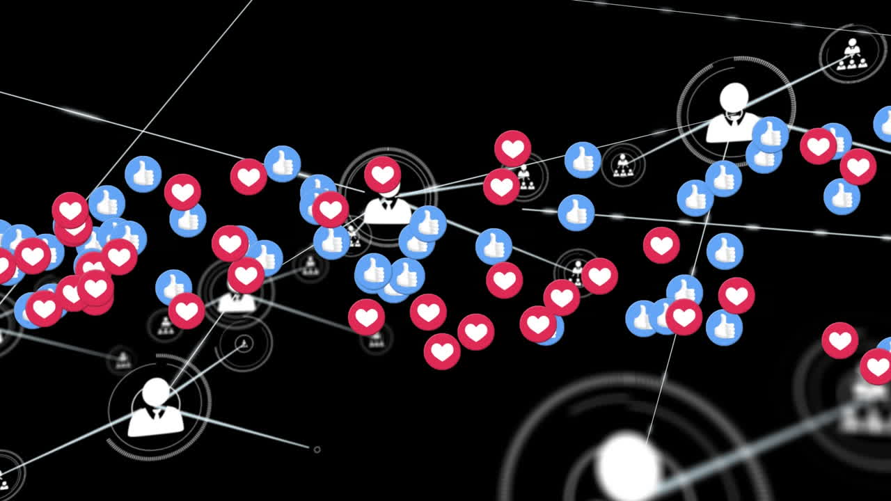 animación de las conexiones de red con iconos volando hacia arriba