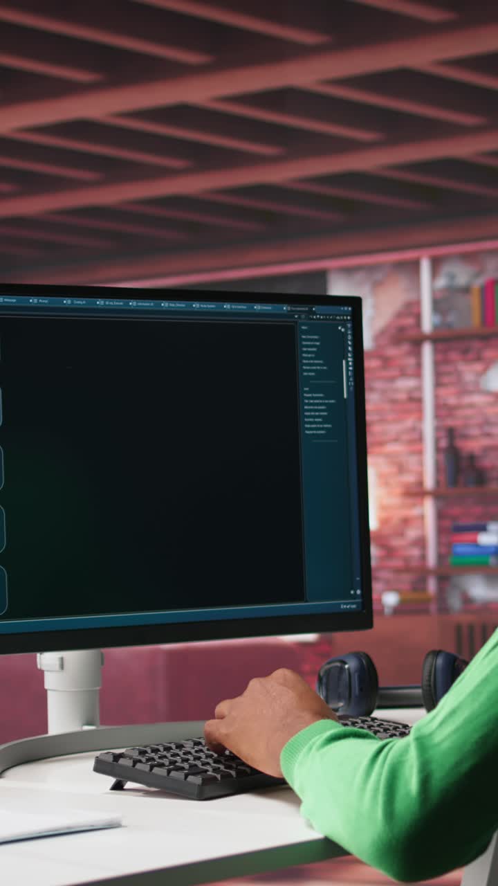 Vertical Video Black male freelancer at home uses AI chatbot for task completion