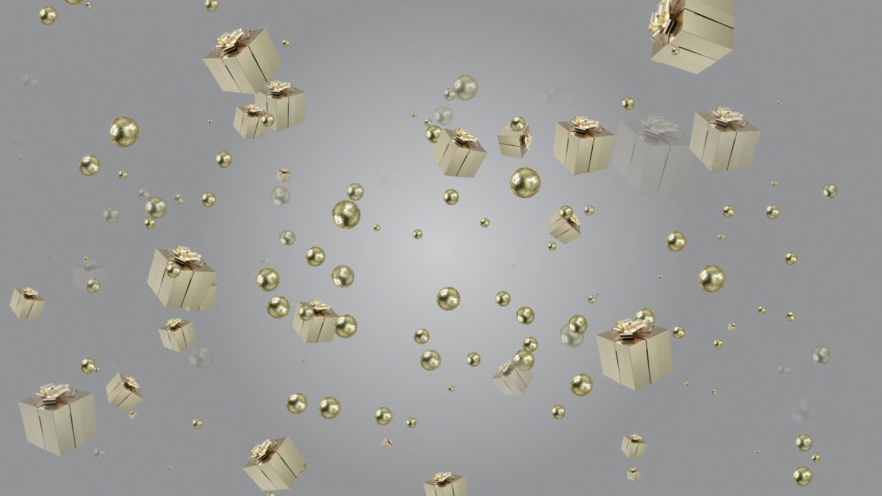 caja de regalo de color oro voladora abstractamente en bucle de 4k sobre un fondo gris