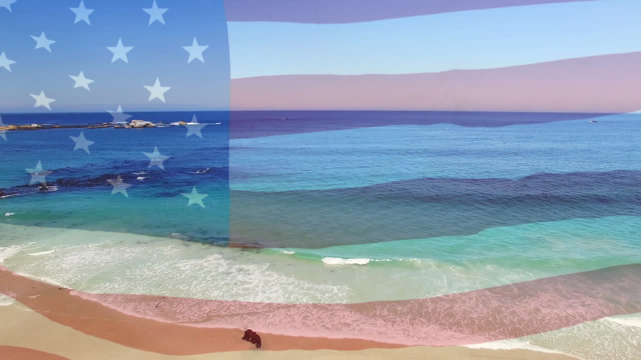 composición digital de agitarnos la bandera contra la vista aérea de la playa y las olas del mar