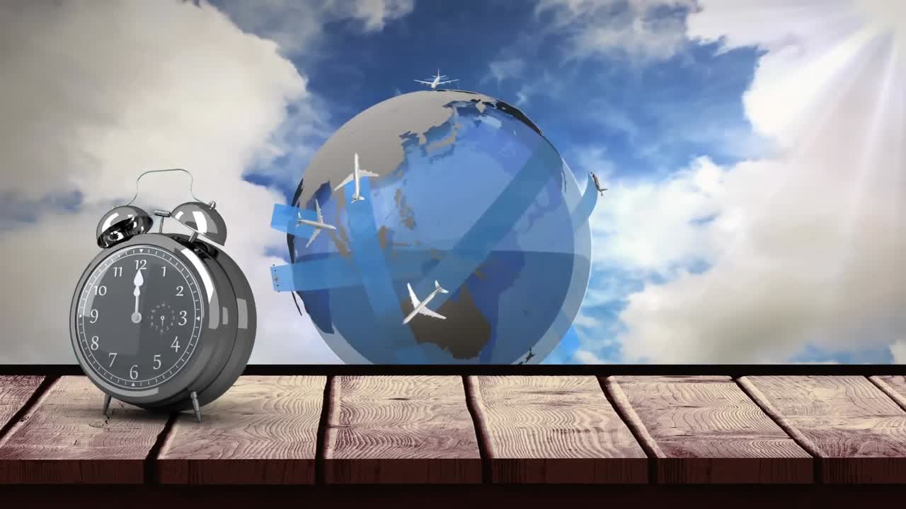 animación de reloj despertador de época y aviones volando sobre el globo giratorio en el cielo azul