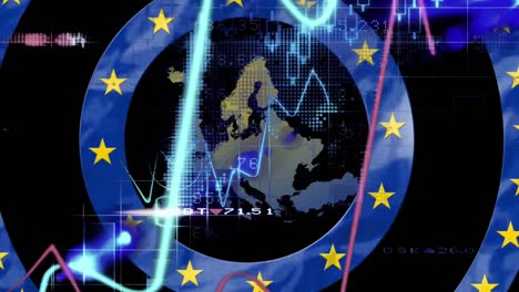 Yellow-stars-on-moving-blue-circles-over-EU-map-against-financial-data-processing