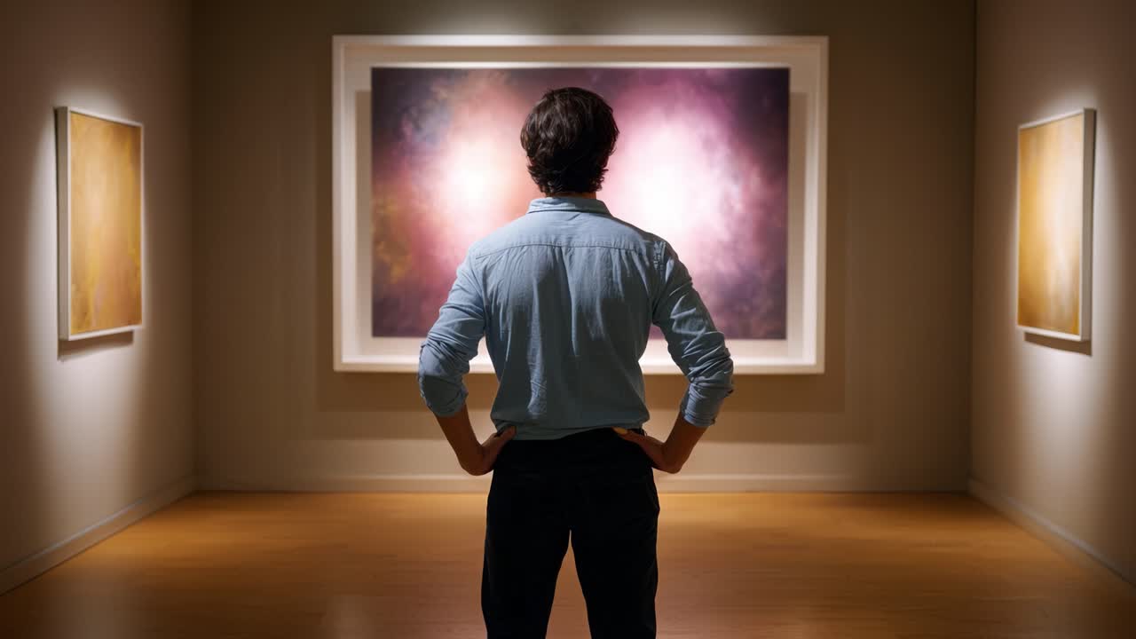 Un osservatore contemplativo in una galleria d'arte, immerso in vibranti opere d'arte astratte, cattura emozioni e riflessioni del viaggio interiore attraverso la rappresentazione visiva.