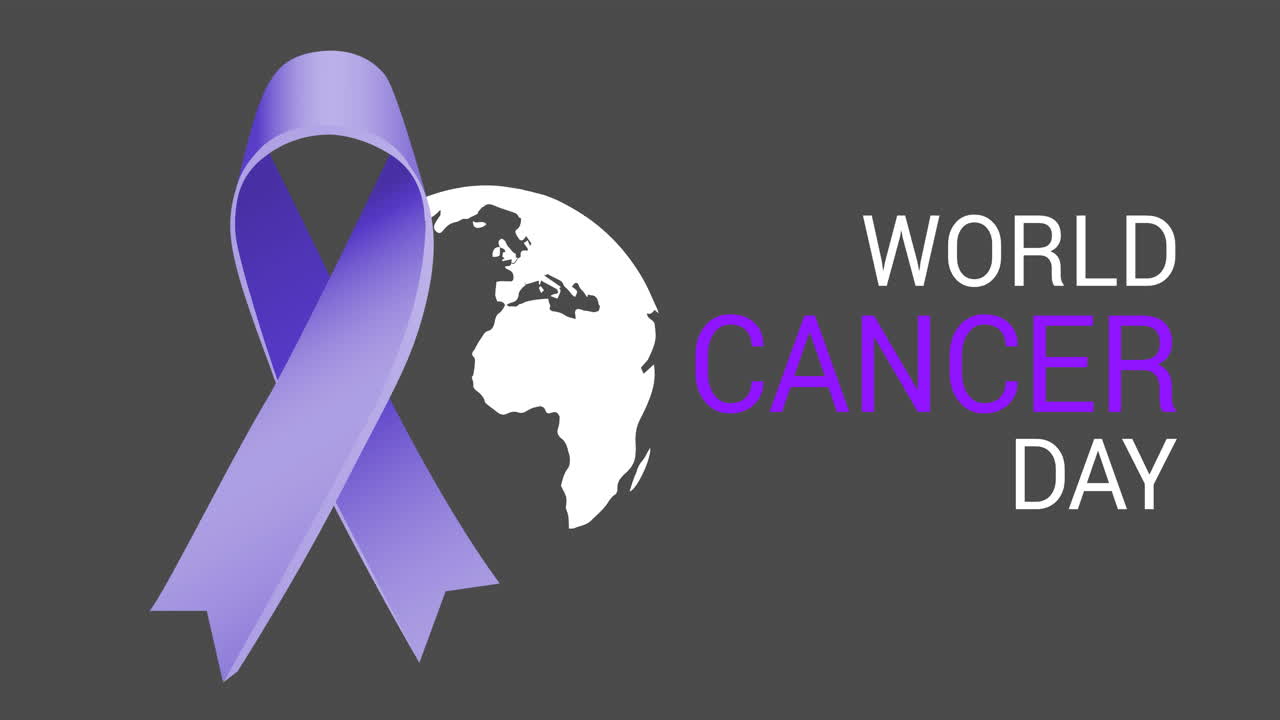 Animazione del testo "Giornata mondiale contro il cancro" e nastro blu con globo su sfondo grigio