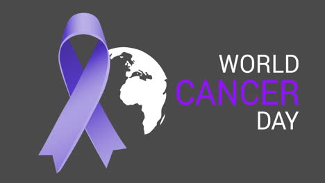 animation of world cancer day text and blue ribbon with globe on gray background