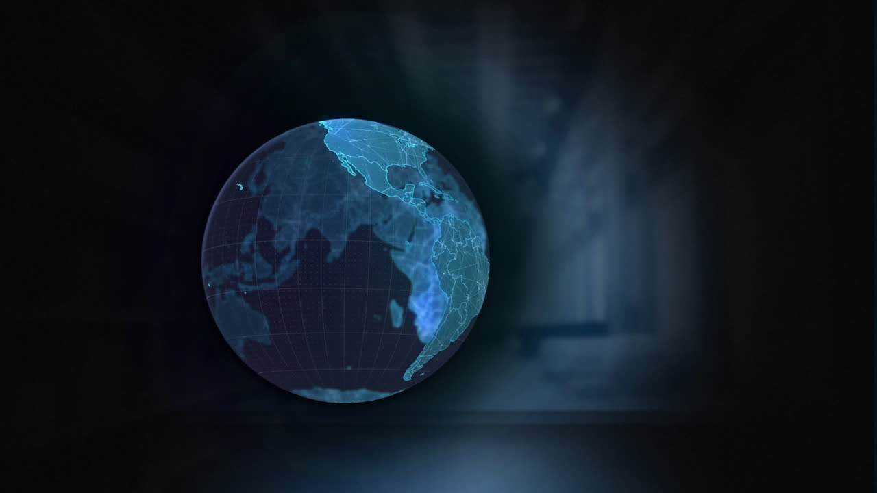 배경 에 있는 창고 를 배경 으로 하여 회전 하는 지구 의 디지털 애니메이션