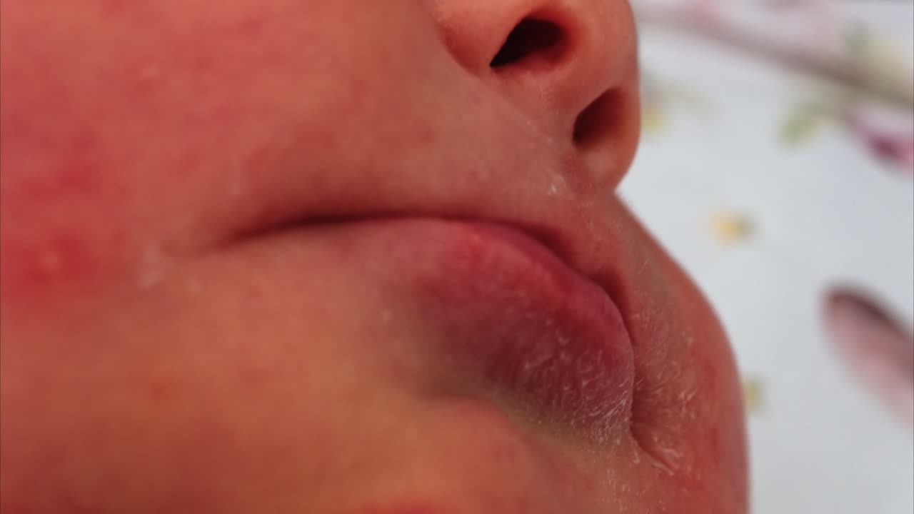 Close up of the small, red lips of a newborn baby in soft natural light