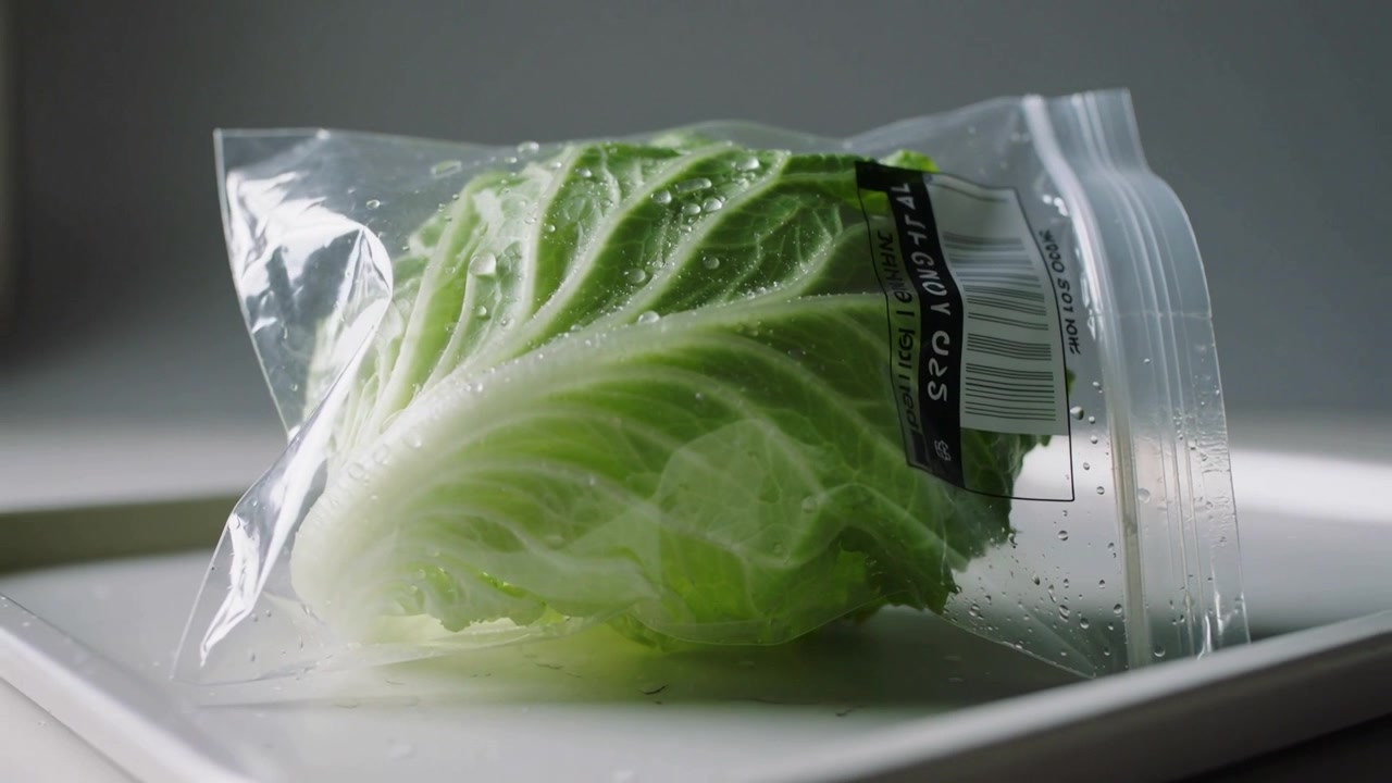 Camera pulling back, revealing cabbage quarter in zip bag on tray, showing condensation and barcode