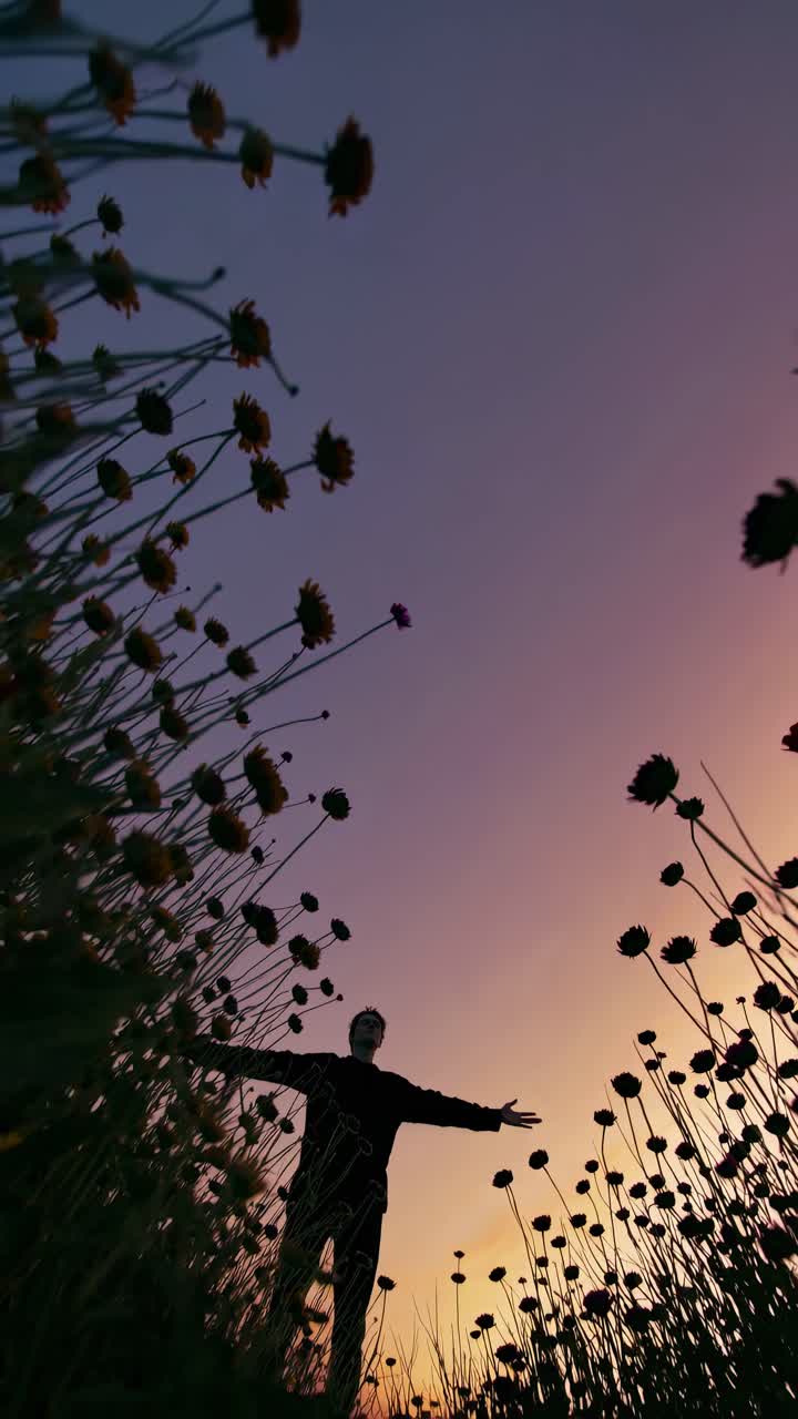 Low-angle shot of a person with outstretched arms among tall flowers at sunset, creating a dramatic