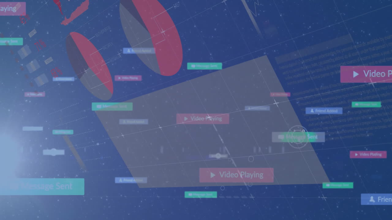 Animation of digital interface with video playing and message notifications on screen