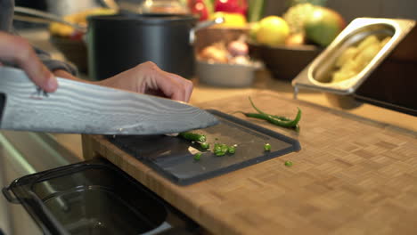 close up of female hands slicing a green bean