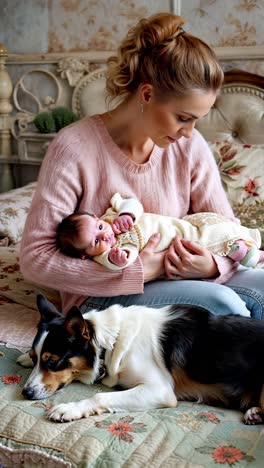 mother and baby bonding with their pet on the bed.