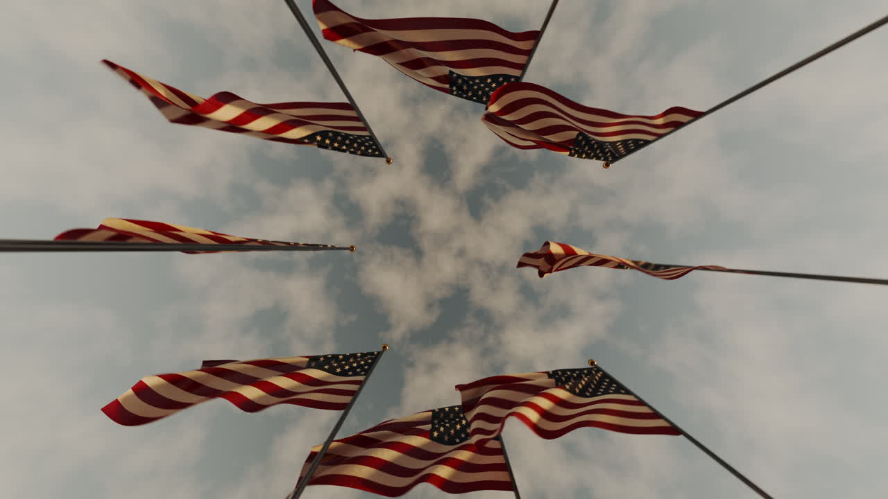 American usa flags waving in the sky to symbolize freedom