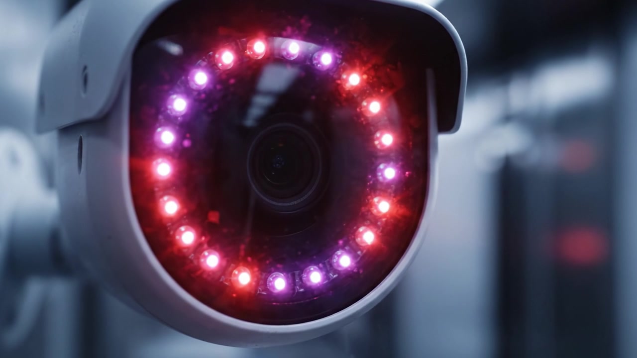 Telecamera di sorveglianza che monitora un corridoio moderno con indicatori LED in evidenza, migliorando la sicurezza e le capacità di rilevamento in un ambiente urbano