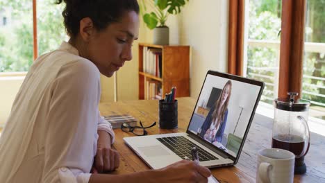 mujer afroamericana tomando notas mientras tiene una videollamada con una colega en una computadora portátil en casa