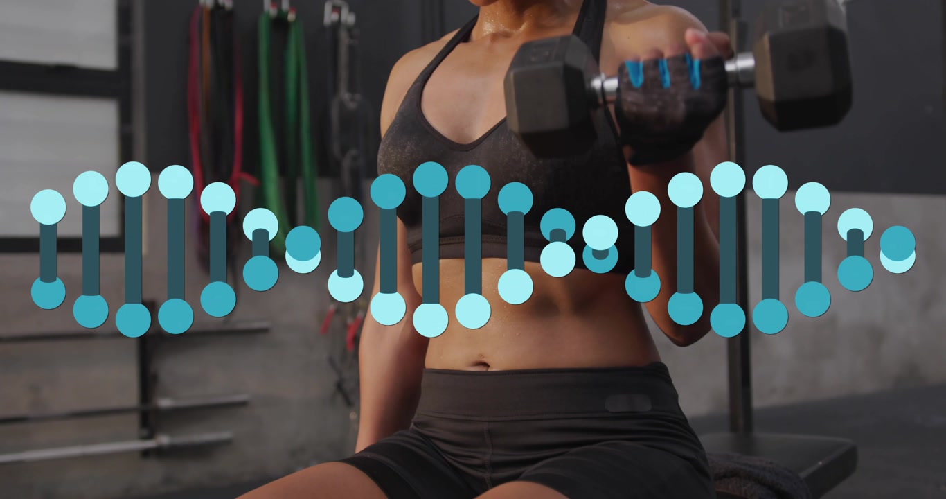 Female athlete starting dumbbell curl in gym animating DNA helix and checking wearable for progress