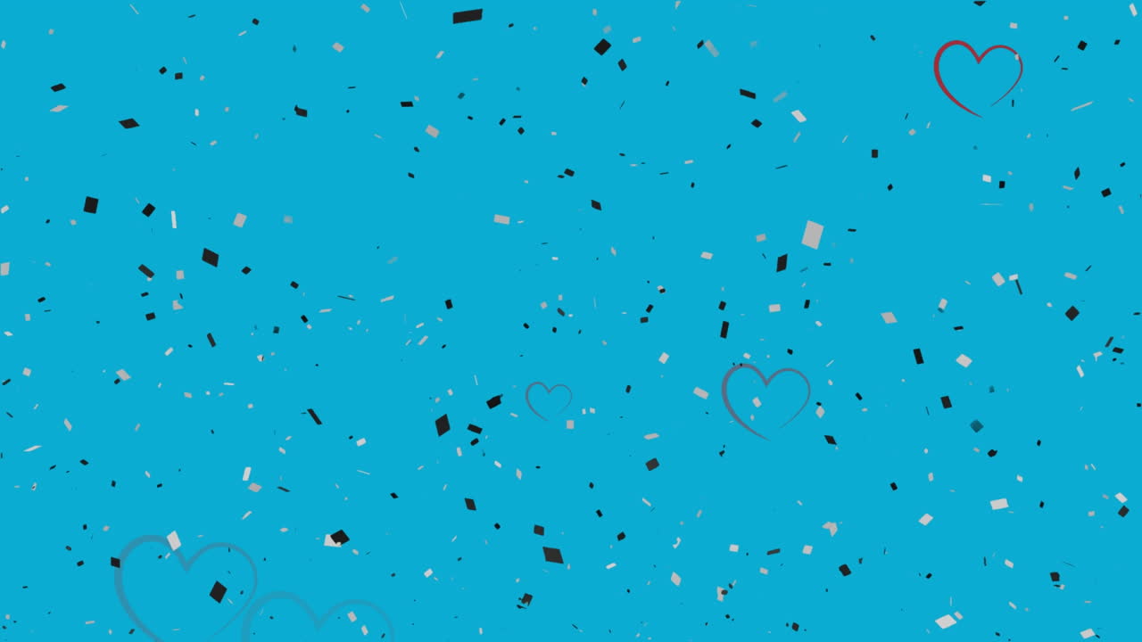 소셜 미디어의 심장 아이콘과 파란색 배경에 떨어지는 콘페티의 애니메이션