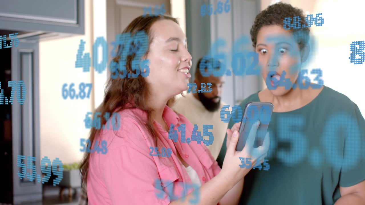 Woman in pink tapping phone, showing to teal woman, sharing tech data while blue numerics floating