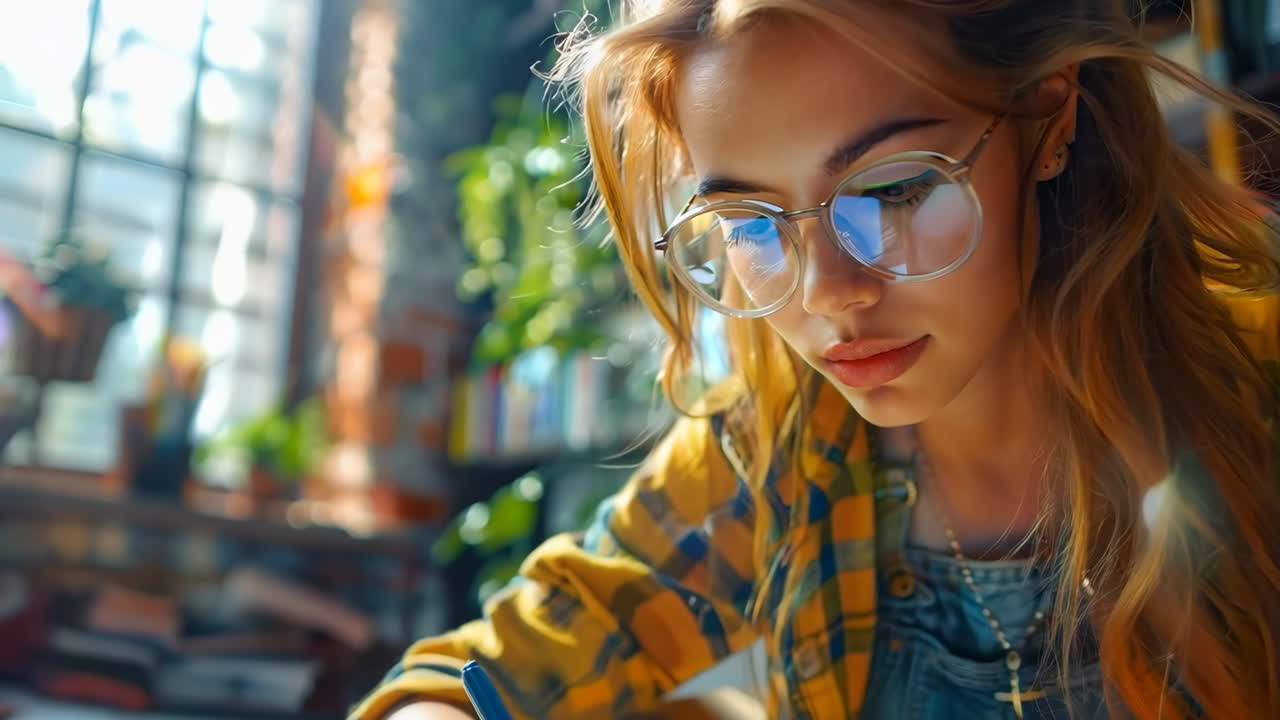 Creative Artwork Session in Cozy Studio With Natural Light. A young woman sketches intricately at a rustic workspace filled with plants and art supplies.