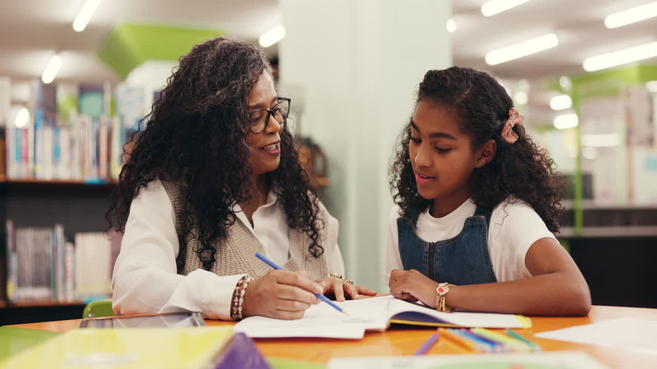 Teacher helping student in the library