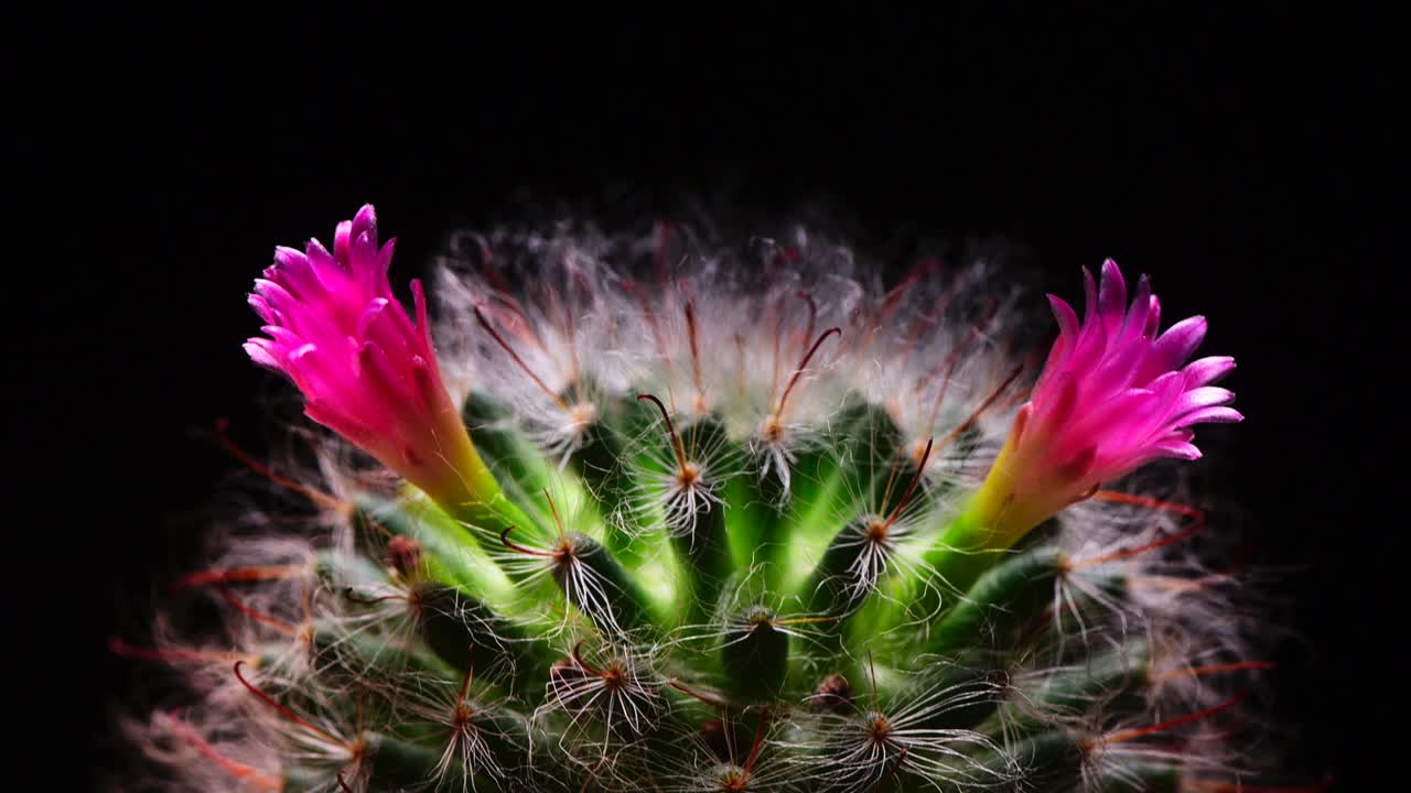 Cactus Flower Life Cycle. Rendered with copy space for your text. This type of cactus flower blooms once a year for 24 hours. Shot in a studio with a black background