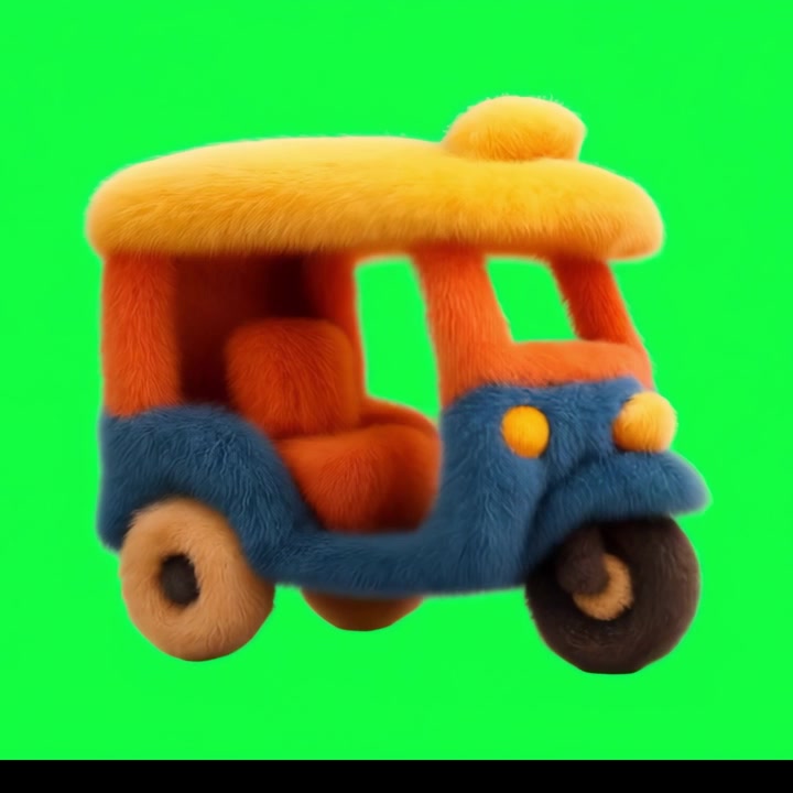 3D Animated Fuzzy Tuk-Tuk Rotating on Green Screen