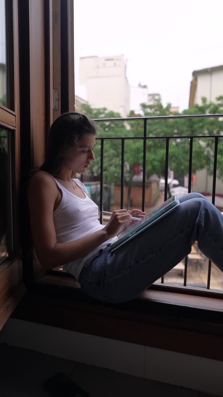 mujer dibujando en la tableta en una ventana