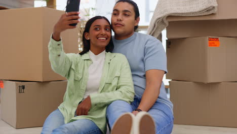 happy, couple and selfie in new house