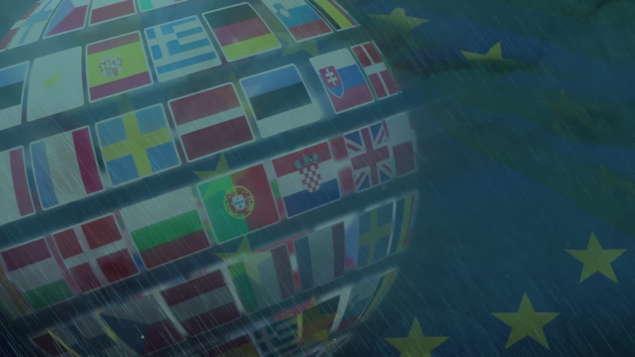 tormenta de truenos sobre el globo de varios países europeos banderas contra agitar la bandera de la ue