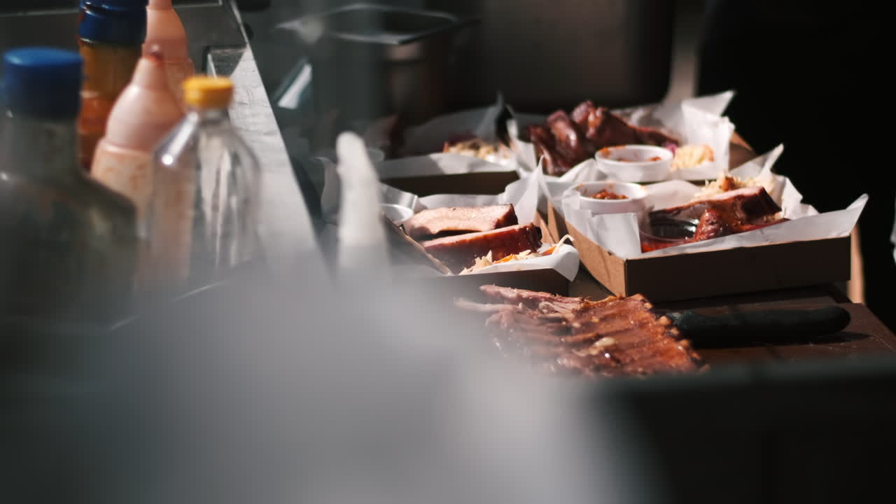 Cook making dishes with meal. Meat and toppings. BBQ