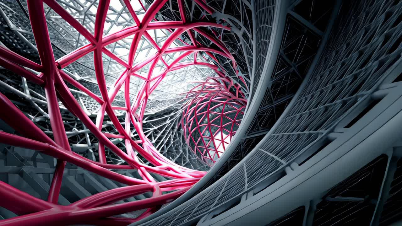 A Stunning Visualization of Abstract Architecture Featuring Interlocking Structures and Delicate Curves, Highlighting the Contrast Between Bold Colors and Sleek Lines