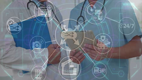 animación de la red de conexiones con iconas empresariales en diversos médicos varones