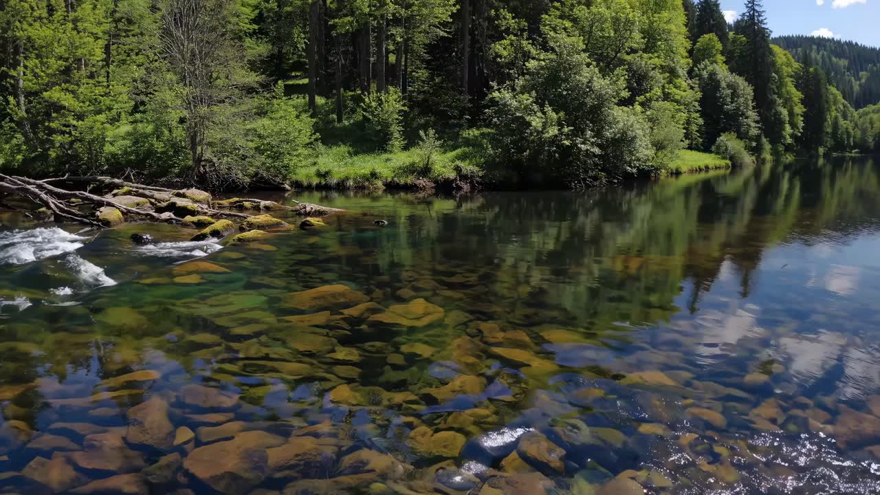 A serene landscape video captures a tranquil river with clear water and lush green forest
